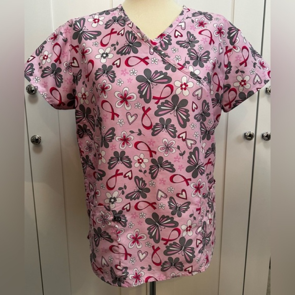 Pink Butterfly Breast Cancer Awareness Scrub Top Sz SM